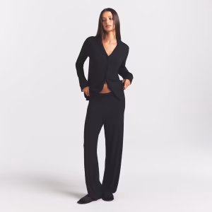 Animejisho Black Velmora Button Front Lounge Set Long Sleeve Wide Leg Pants