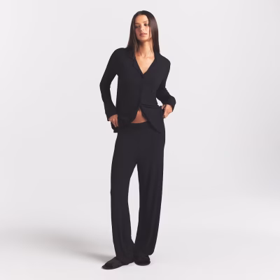 Animejisho Black Velmora Button Front Lounge Set Long Sleeve Wide Leg Pants