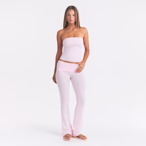 Blush Pink Animejisho Velquira Foldover Waist Flare Lounge Pants Slim Fit Sleepwear