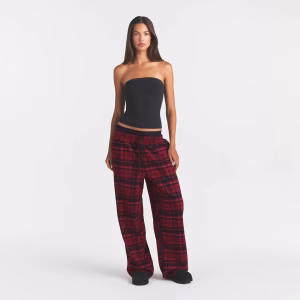 Burgundy Black Plaid Animejisho Zorvique Drawstring Wide Leg Lounge Pants Relaxed Fit
