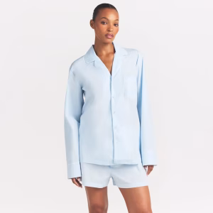 Light Blue Animejisho Virelune Long Sleeve Button Front Pajama Shorts Set